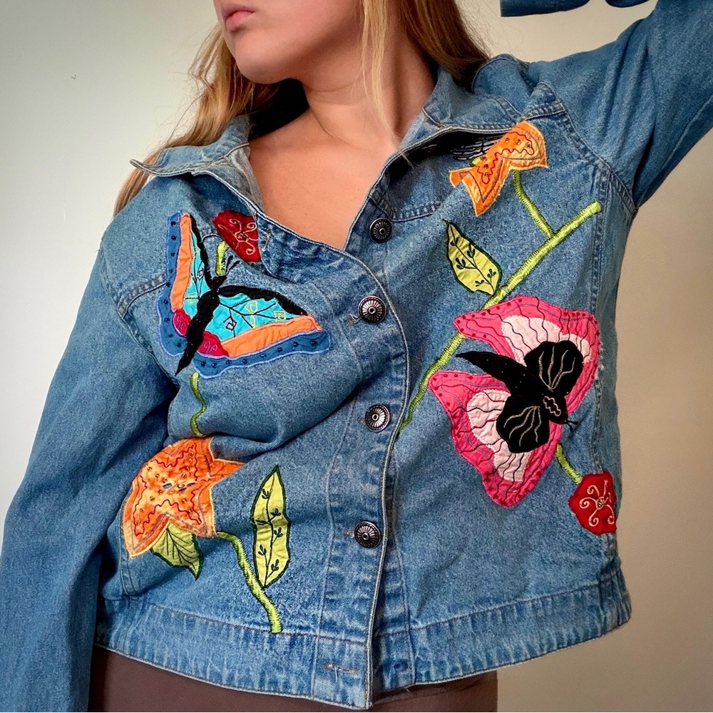 Vintage Drift Embroidered Denim Jacket Floral Butterfly M